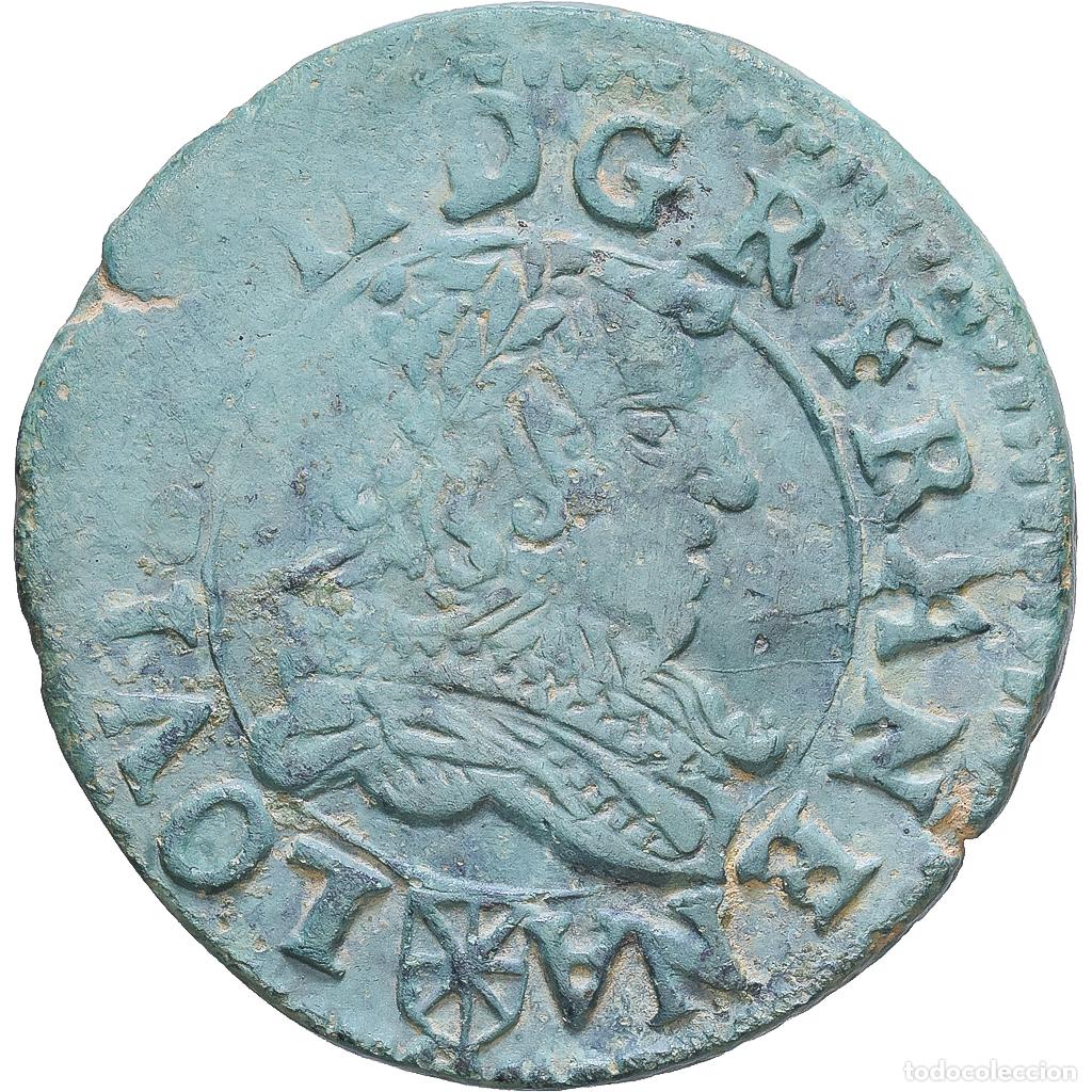 Old Coins of Europe: [#1547539] Kingdom of Navarre, Louis XIII, Double Tournois, 1635, Saint Palais, Cobre, BC+