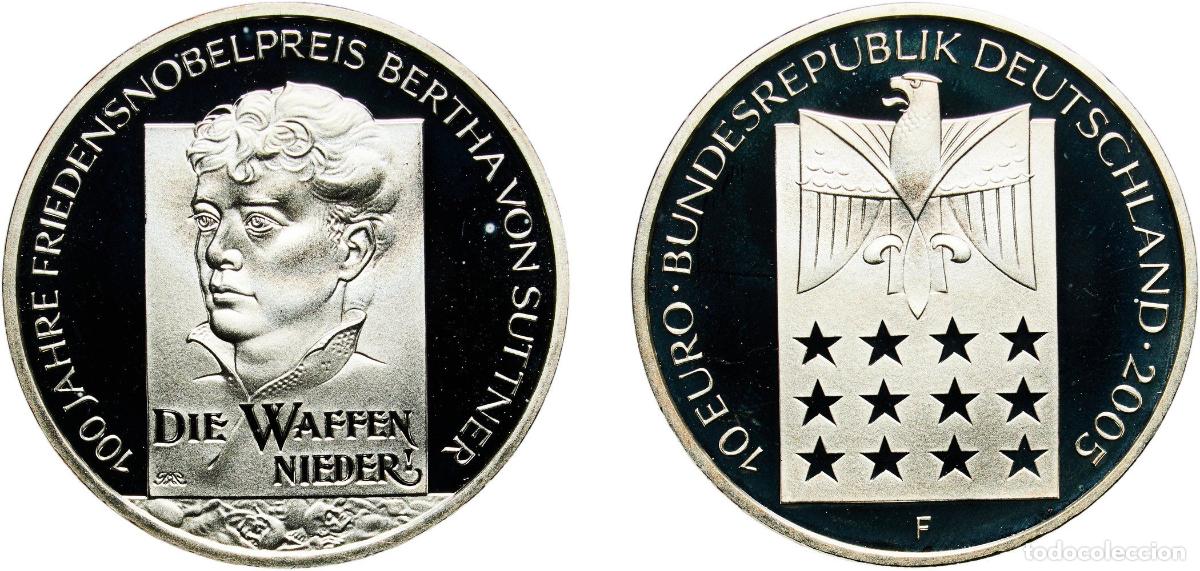 Old Coins of Europe: Germany Federal Republic 2005 F 10 Euros (Bertha von Suttner) Silver (.925) Staatliche M&uuml;nze Baden-