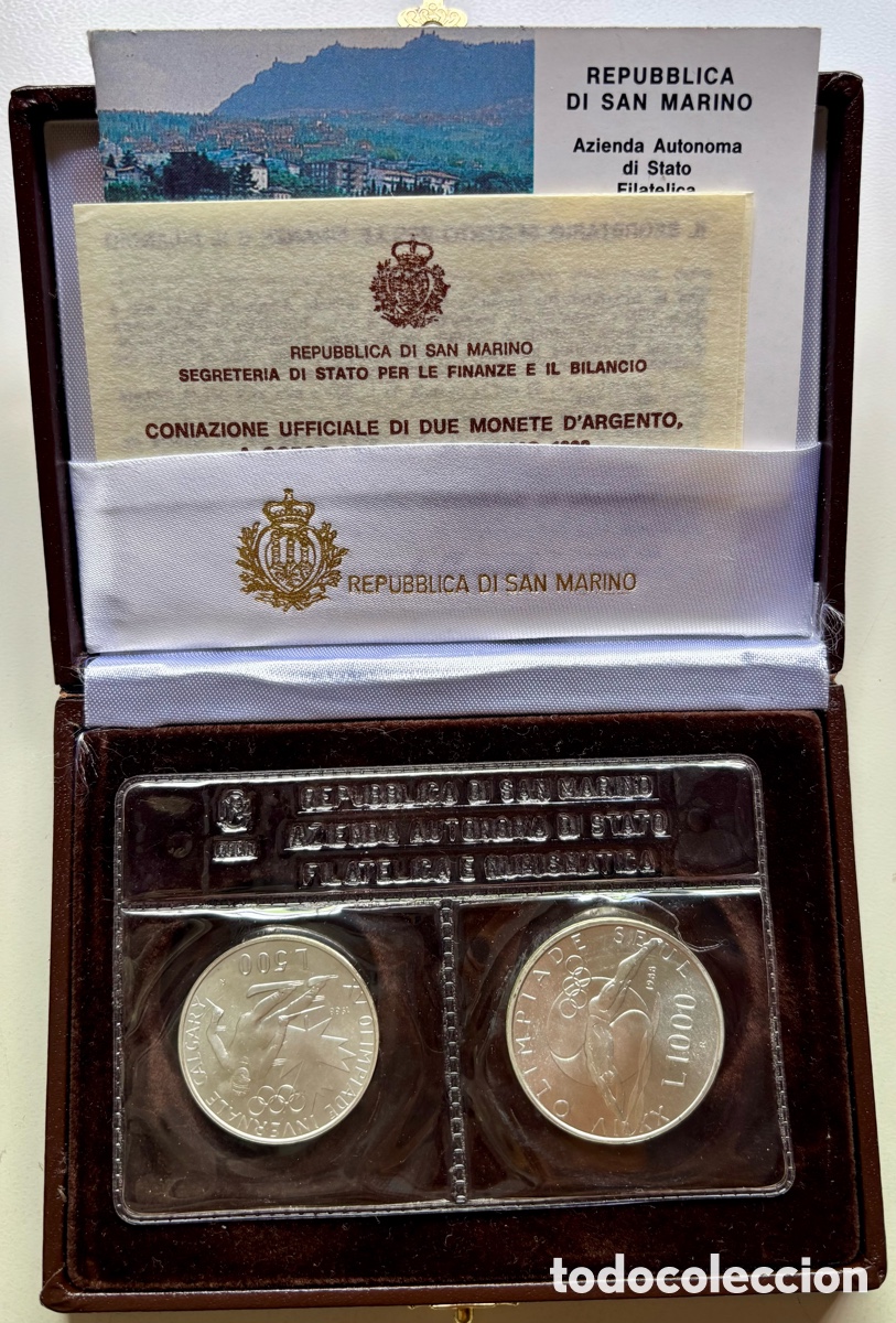 Alte M&uuml;nzen aus Europa: Set x 2 Monedas SAN MARINO PLATA 500-1000 Lira 1990 FDC Olimpiadas. Estuche
