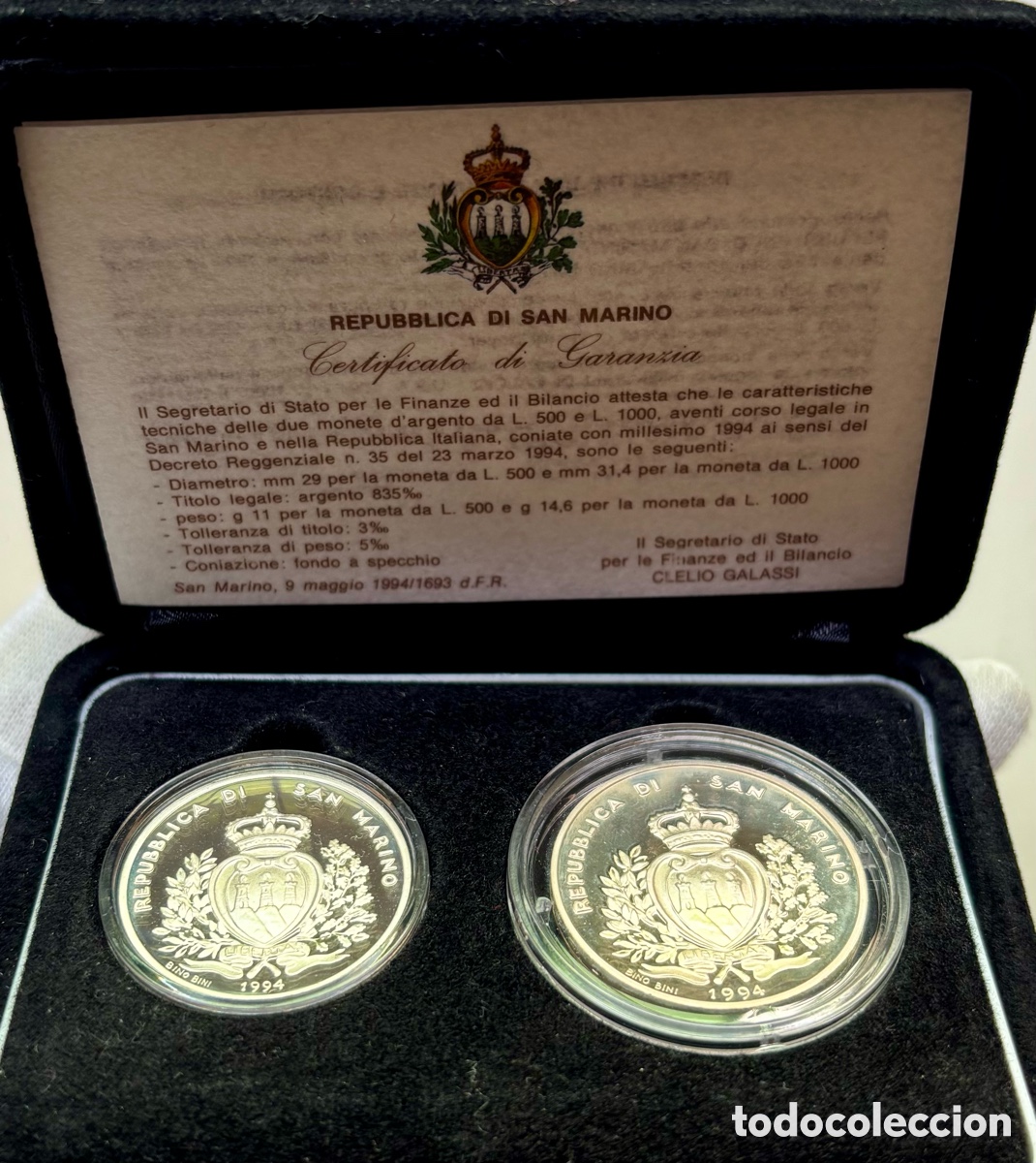 Alte M&uuml;nzen aus Europa: Set x 2 Monedas SAN MARINO 500-1000 Lira 1994 FDC. Estuche Mundial USA