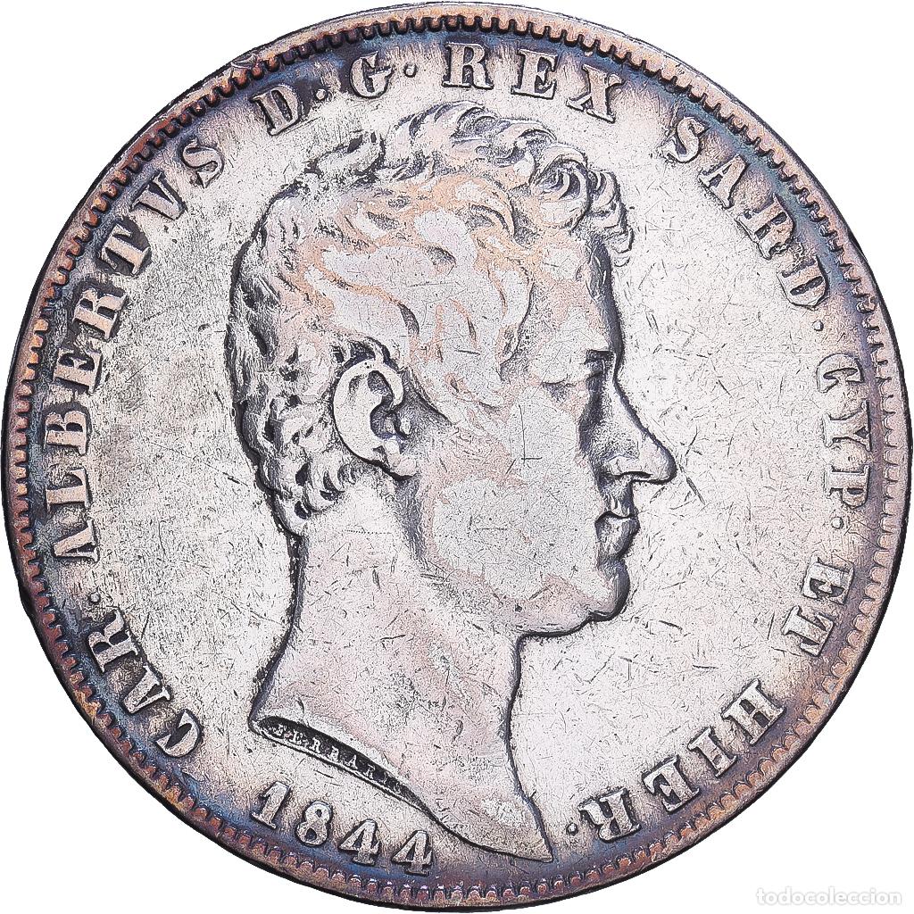 Moedas antigas da Europa: [#1547696] Kingdom of Sardinia, Charles-Albert, 5 Lire, 1844, Genoa, Plata, BC+