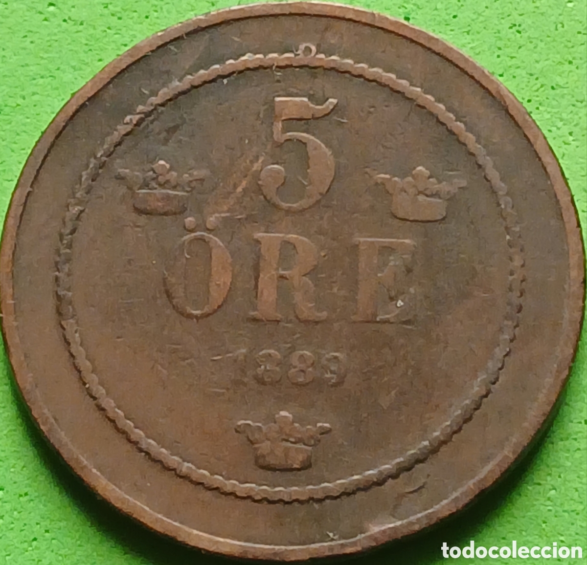 Moedas antigas da Europa: Suecia 5 ore 1889 km#736 Leyenda peque&ntilde;a/ ESCASA!