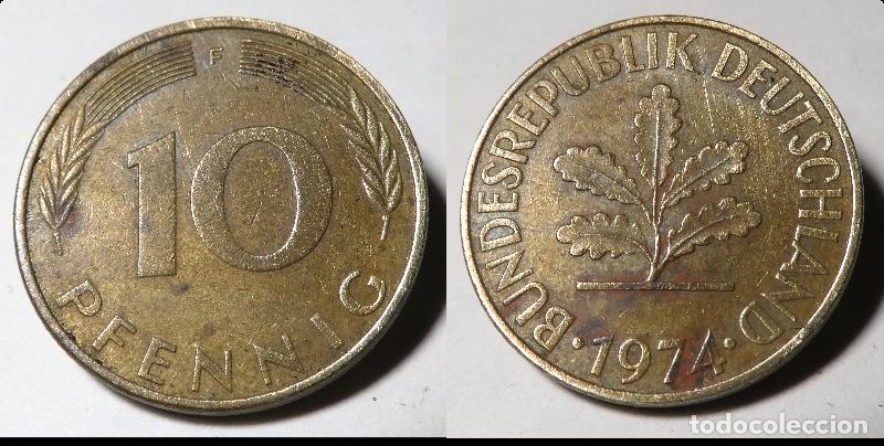 Alte M&uuml;nzen aus Europa: Moneda de ALEMANIA , REP&Uacute;BLICA FEDERAL, 10 Pfennig, 1974