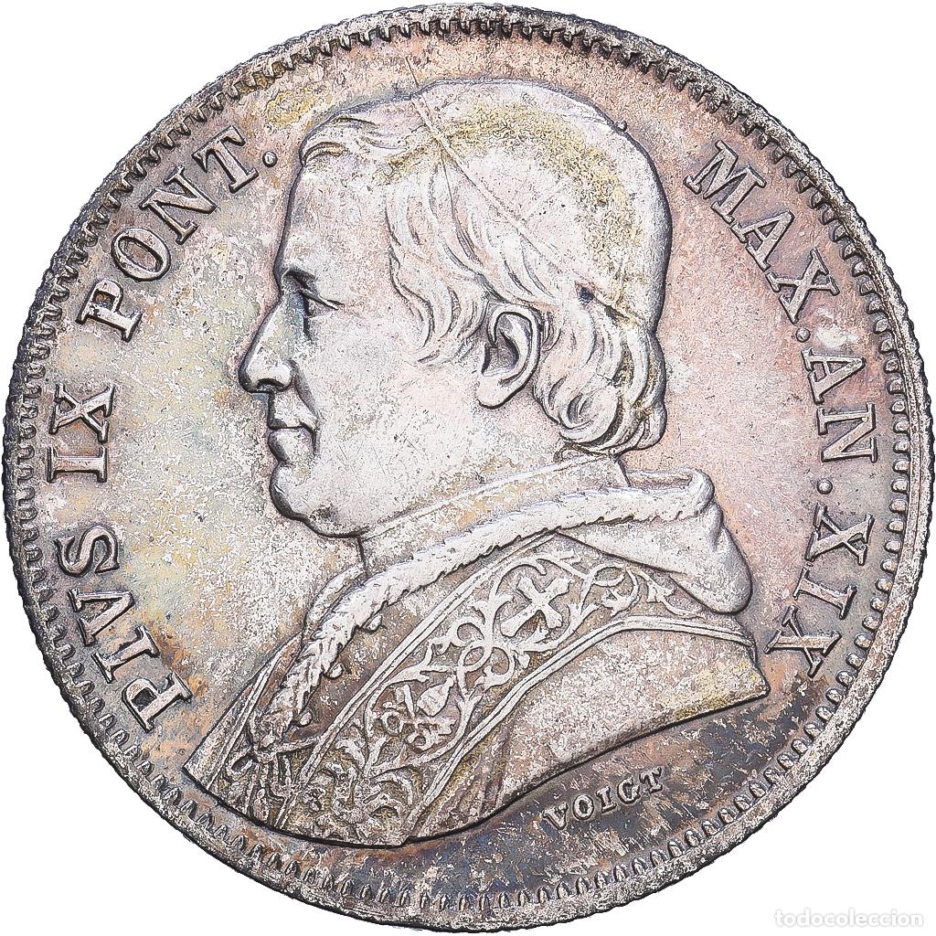 Old Coins of Europe: [#1547734] Papal States, Pius IX, 20 Baiocchi, 1865, Rome, Plata, MBC+, KM:1360a