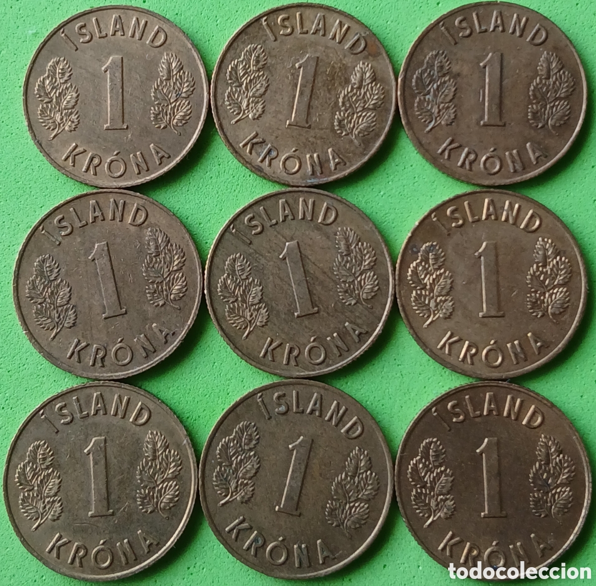 Moedas antigas da Europa: Islandia 1 corona 1969 &times; 9 monedas. Km#12a