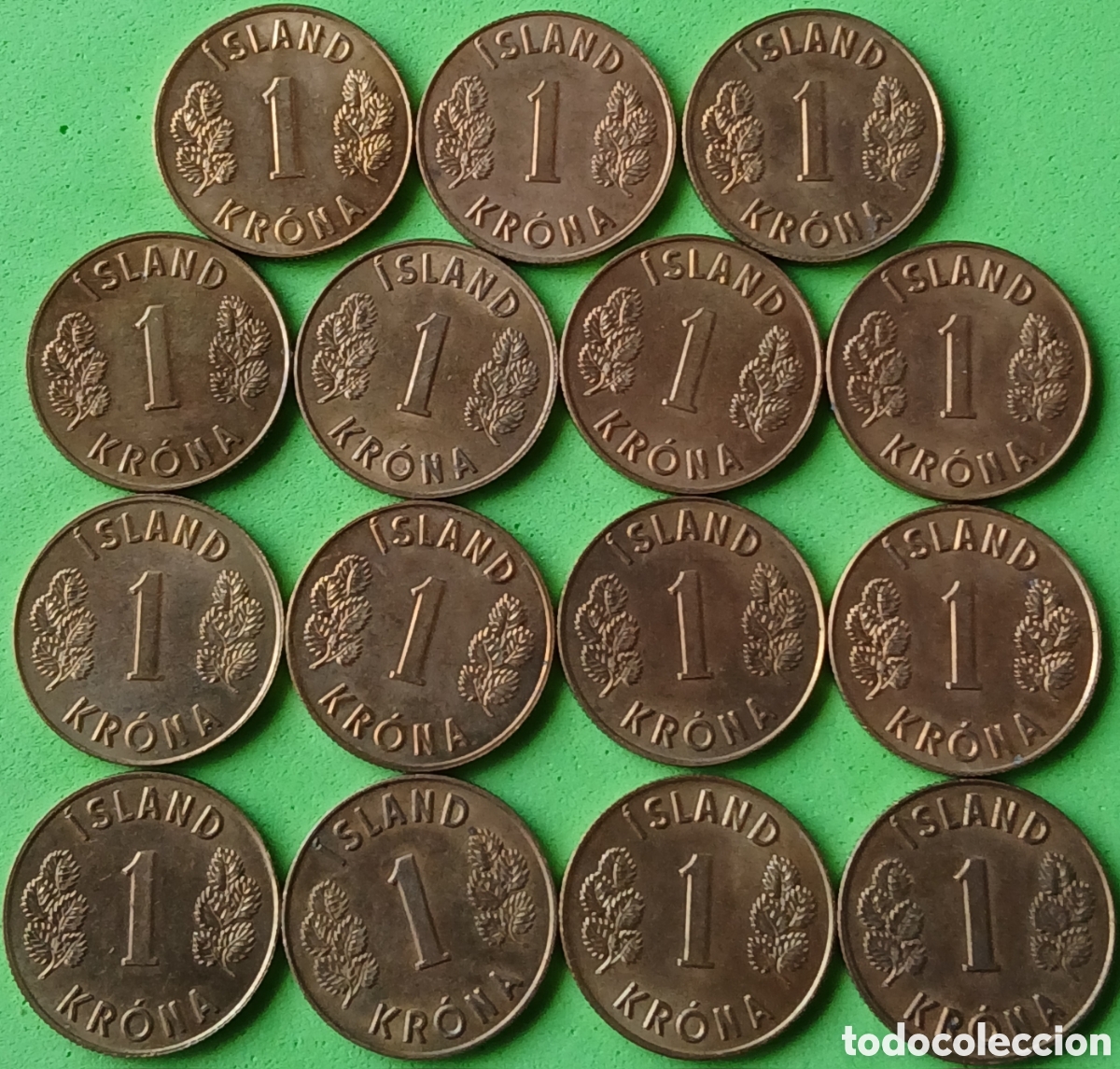 Moedas antigas da Europa: Islandia 1 corona 1975 &times; 15 monedas. Km#12a.