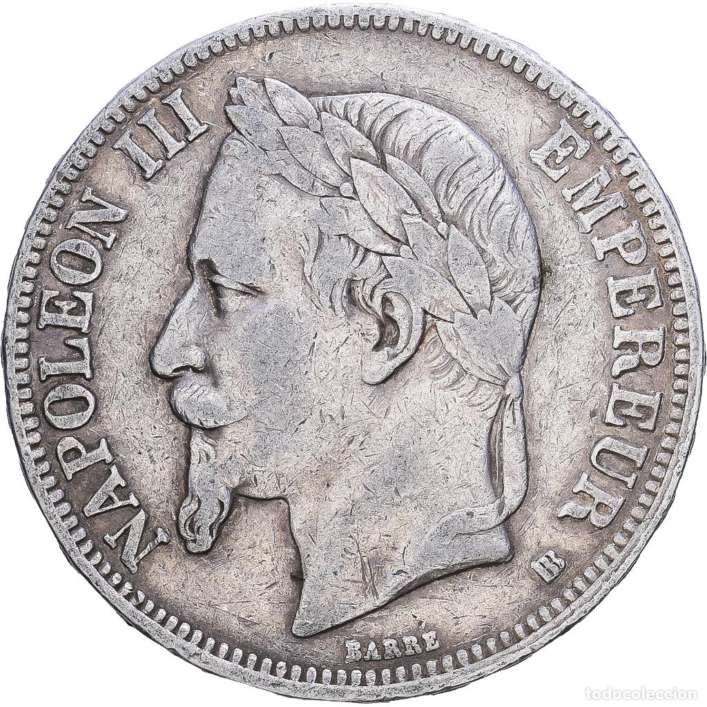 Old Coins of Europe: [#1552443] Francia, Napoleon III, 5 Francs, 1867, Strasbourg, Plata, BC+, Gadoury:739