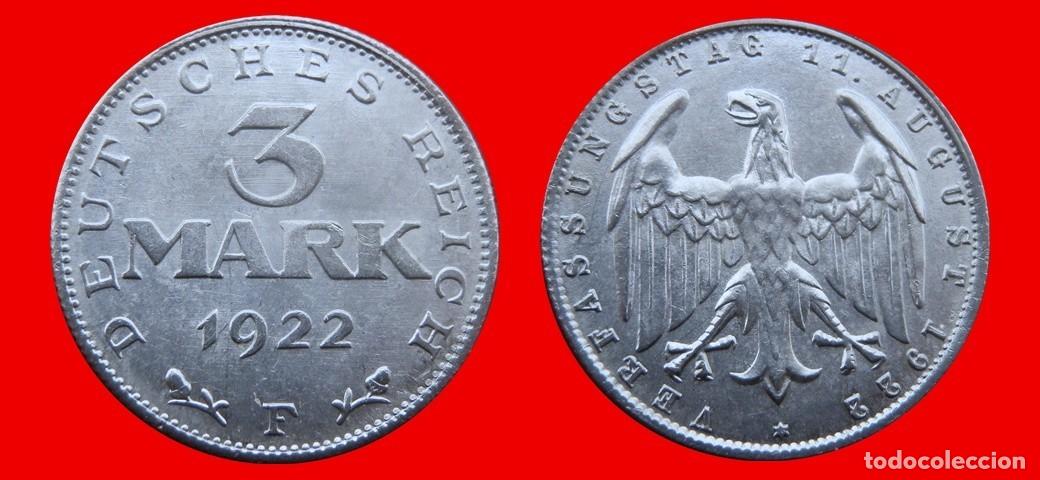 Monedas antiguas de Europa: 3 MARCOS 1922F KM-29 WEIMAR ALEMANIA-156824