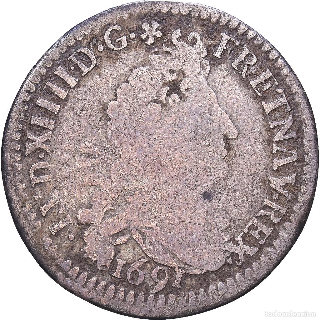 Monedas antiguas de Europa: [#1547574] Francia, Louis XIV, 4 Sols aux 2 L, 1691, Rennes, Plata, BC+, Gadoury:106