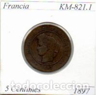 Monedas antiguas de Europa: FRANCIA 1897, 5 CENTIMES, KM-821.1, BC; 1,95 &euro; 1