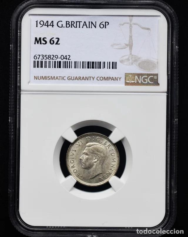 Monedas antiguas de Europa: 1944 - 6 PENCE Plata - Jorge VI - NGC MS62