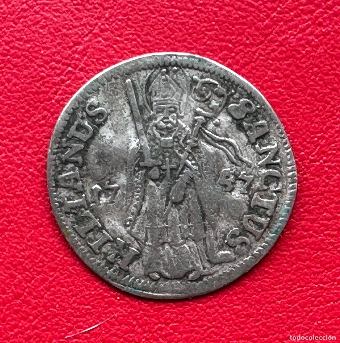 Monedas antiguas de Europa: Schilling de Plata 1747 &bull; Obispado de Wurzburgo &bull; San Kilian con Espada &bull; Gran Relieve.