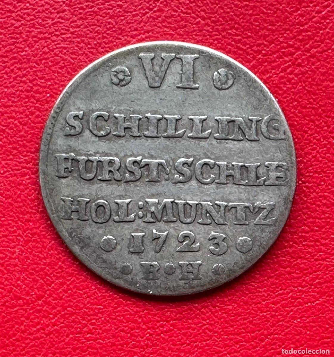 Monedas antiguas de Europa: Raros 6 Chelines de Plata 1723 &bull; Ducado de Schleswig-Holstein &bull; Dinast&iacute;a Romanov &bull; Gran Relieve.