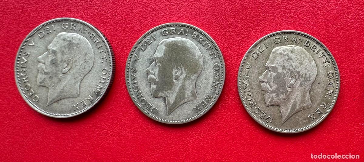 Monedas antiguas de Europa: Reino Unido. Half Crown (Media Corona) de Plata Jorge V. 3 monedas 1924/25/26. MBC