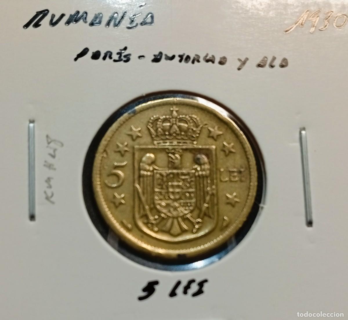Monedas antiguas de Europa: RUMAN&Iacute;A 5 LEI 1930 KM#48 MBC , CECA ANTORCHA Y ALA - PAR&Iacute;S.
