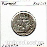 Monedas antiguas de Europa: PORTUGAL 1932, 5 ESCUDOS, KM-581, AG, CIRCULADA; 14.95 &euro; 1