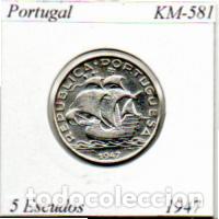 Monedas antiguas de Europa: PORTUGAL 1947, 5 ESCUDOS, KM-581, AG, EBC; 16.95 &euro; 1