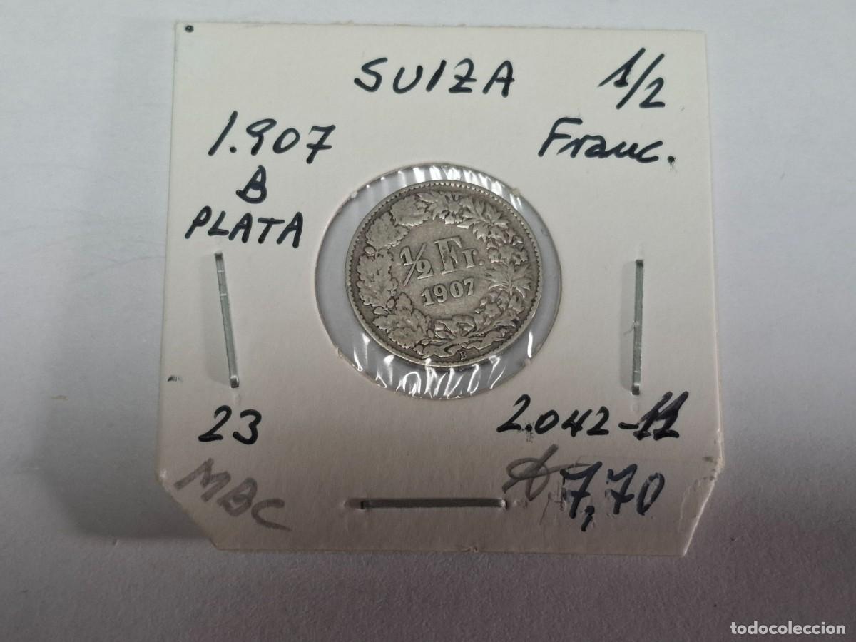 Old Coins of Europe: 1/2 FRANCO de PLATA de 1907 B KM 23 SUIZA en MBC