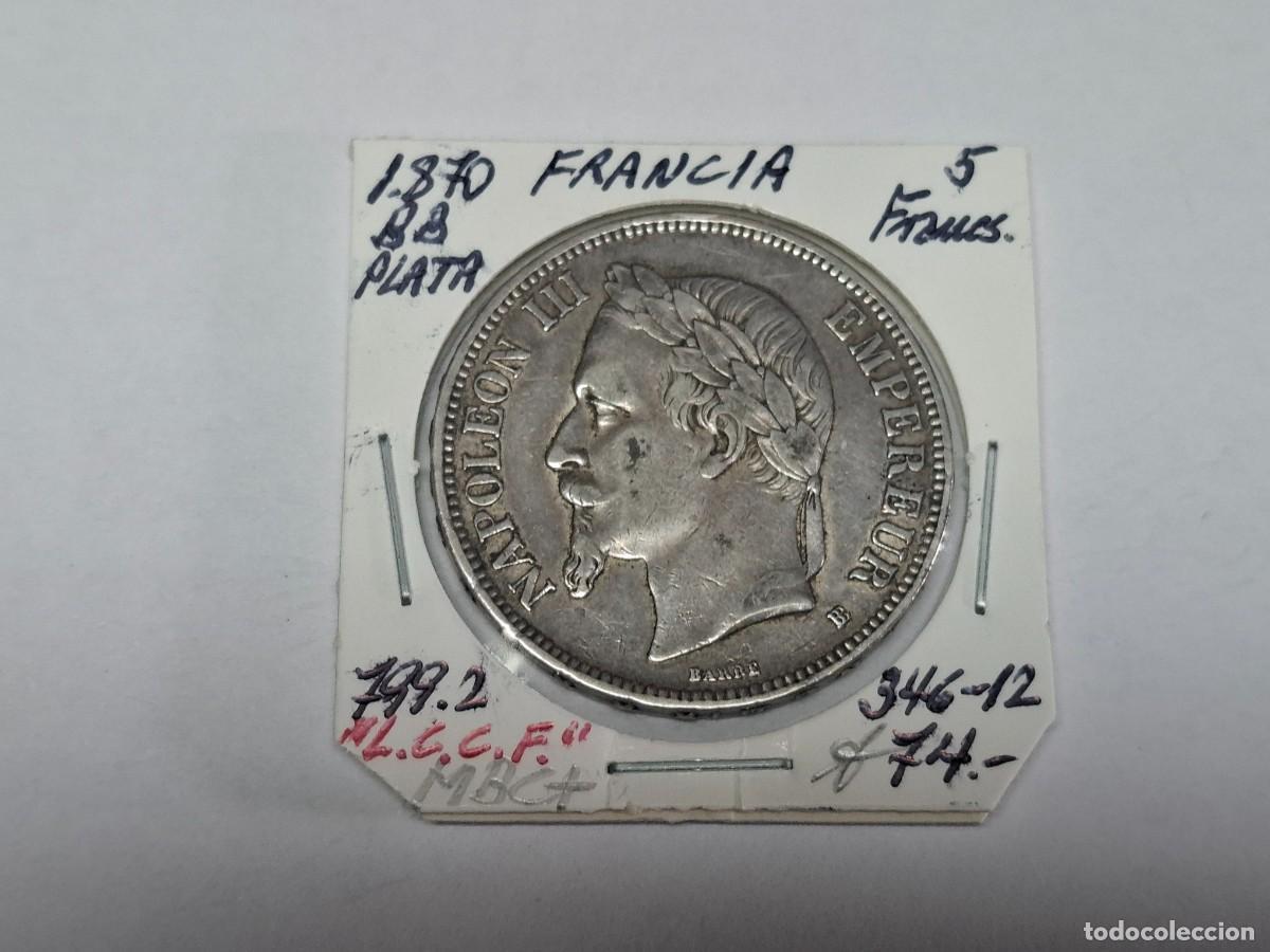 Moedas antigas da Europa: 5 FRANCOS de PLATA de 1870 BB KM 799.2 NAPOLEON III FRANCIA en MBC+