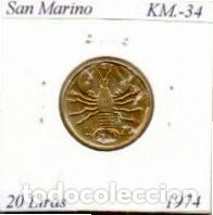 Monedas antiguas de Europa: SAN MARINO 1974, 20 LIRAS, KM-34, SC; 1,75 &euro; 1