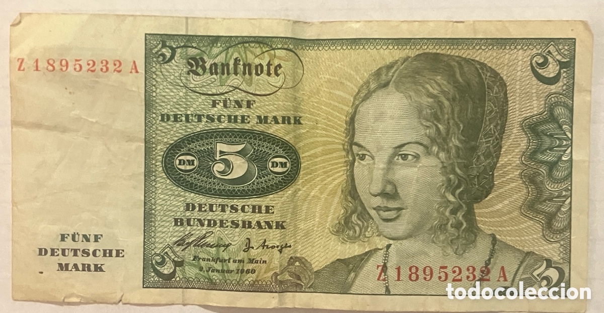 Monedas antiguas de Europa: Billete de 5 Deutsche mark 1980