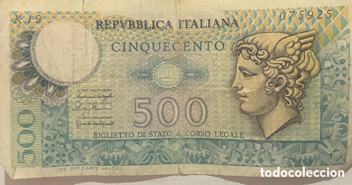 Monedas antiguas de Europa: Billete 500 Lira 1974-1979 Republica Italia