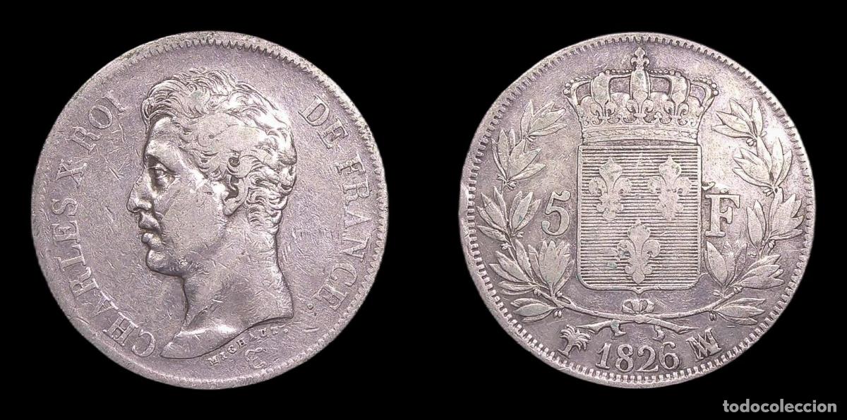 Monedas antiguas de Europa: FRANCIA FRANCE CHARLES X 5 FRANCS 1826 MA MARSELLA MARSEILLE MBC-/MBC PLATA