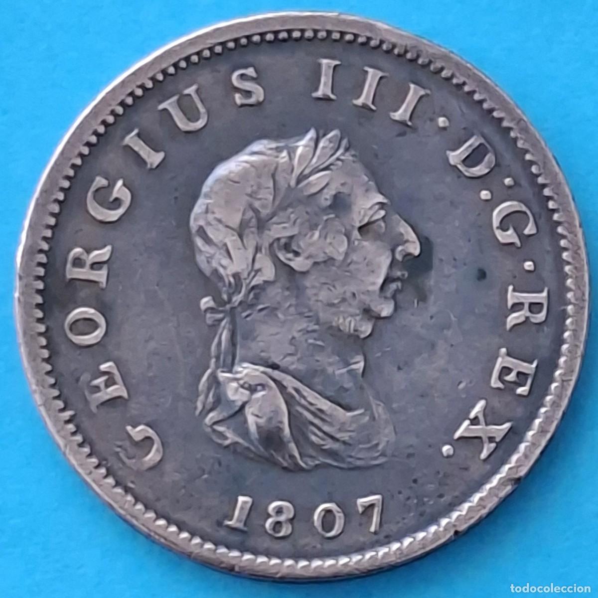 Monedas antiguas de Europa: Moneda de medio penique de 1807 de Reino Unido.