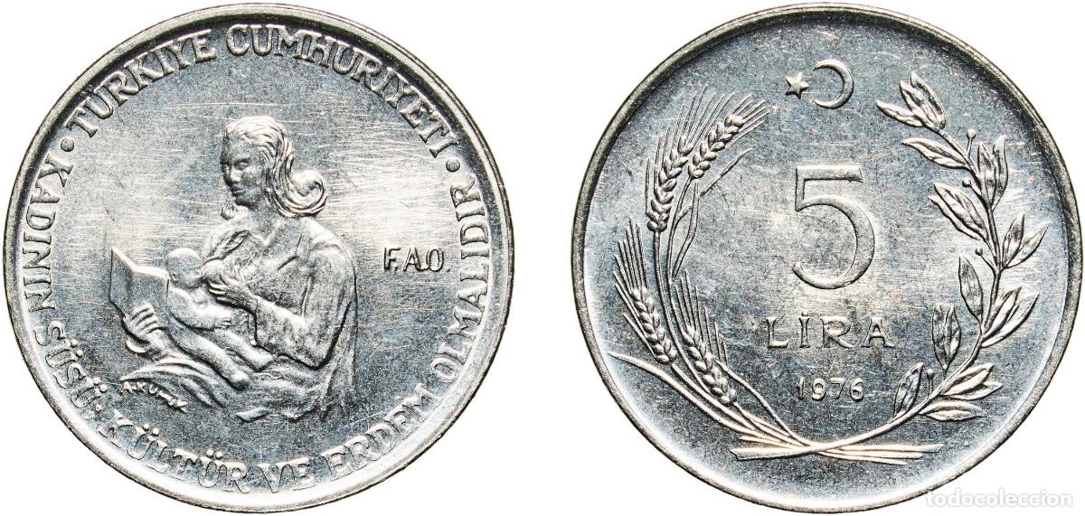 Monedas antiguas de Europa: Turkey Republic 1976 5 Lira (FAO) Stainless steel (79.15-80.65% Iron, 0.14% Carbon, 17.5-19% Chromi