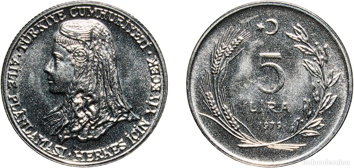 Monedas antiguas de Europa: Turkey Republic 1979 5 Lira (FAO) Stainless steel (79.15-80.65% Iron, 0.14% Carbon, 17.5-19% Chromi