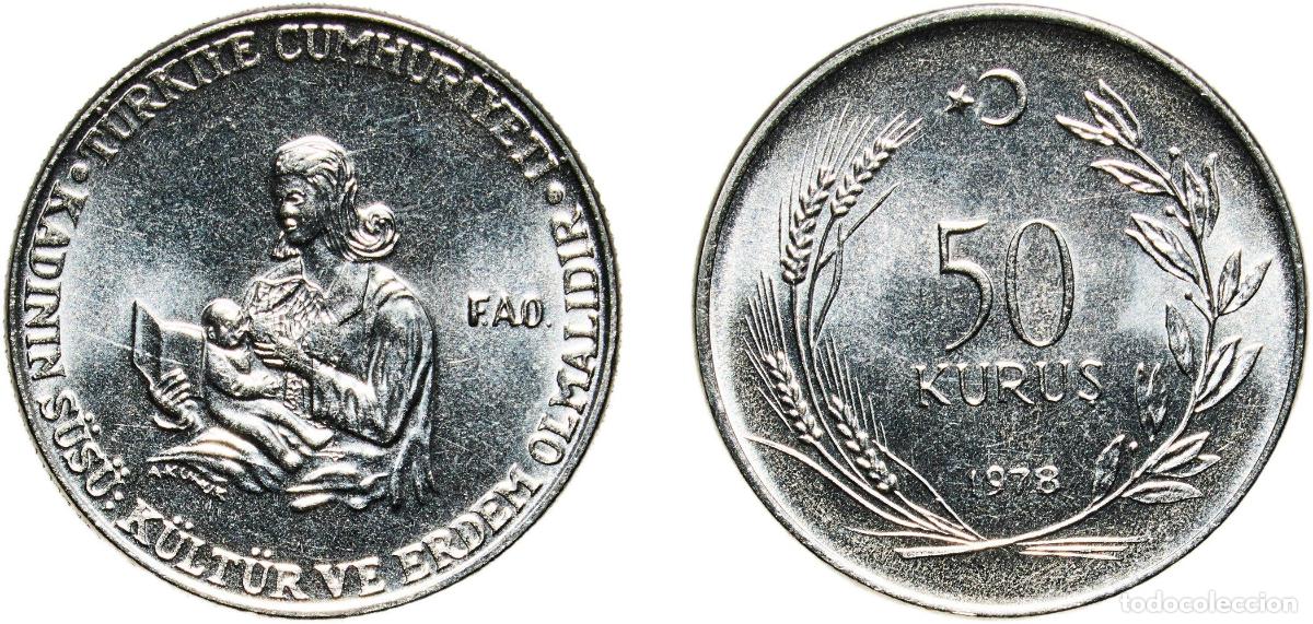 Monedas antiguas de Europa: Turkey Republic 1978 50 Kuruş (FAO) Stainless steel (79.15-80.65% Iron, 0.14% Carbon, 17.5-19% Chro