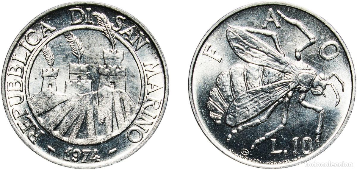 Monedas antiguas de Europa: San Marino Republic 1974 10 Lire (Honeybee; FAO) Aluminium (96.2% Aluminium, 3.5% Mangnesium, 0.3%