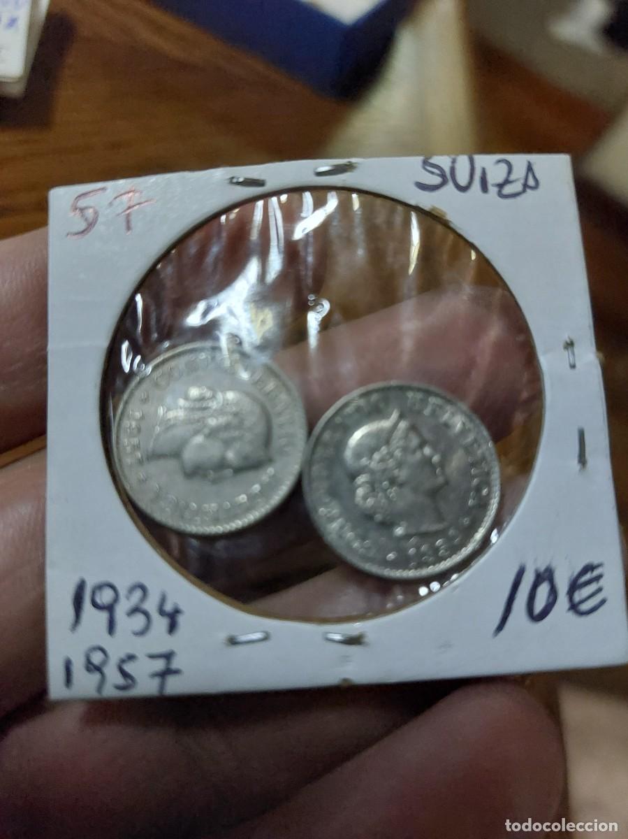 Monedas antiguas de Europa: Lote se dos monedas suizas, de 5 F..una del a&ntilde;o 1934 y la otra del 1957
