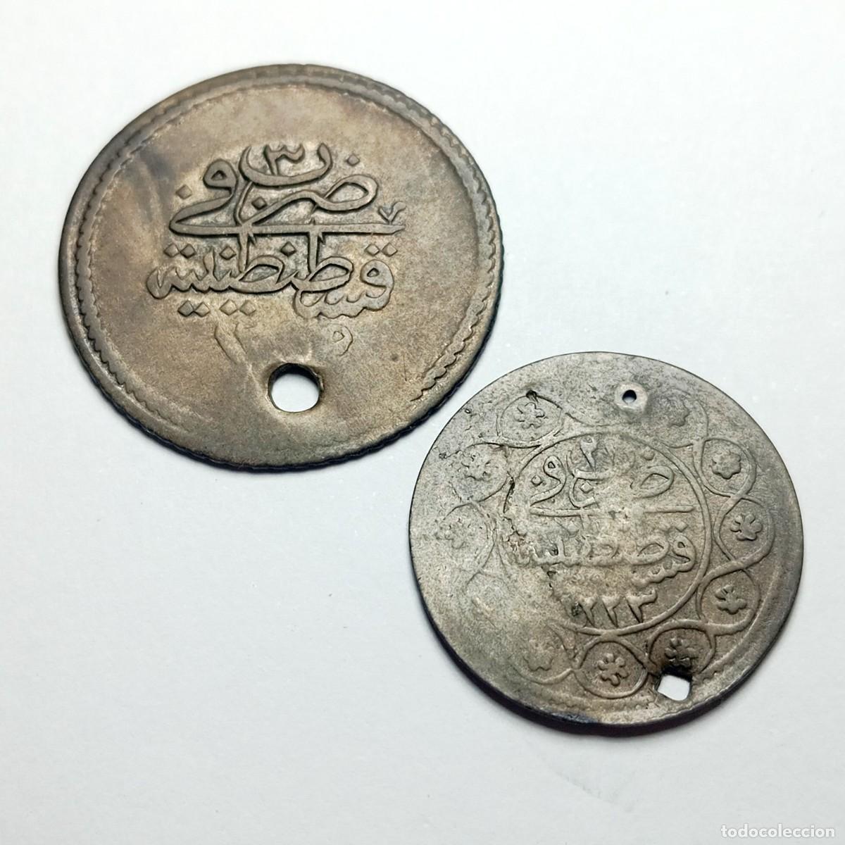 Monedas antiguas de Europa: Lote 2 Monedas Imperio Otomano: 1 Kurus Plata 1828 Mahmud II + Altmislik Vellon 1841