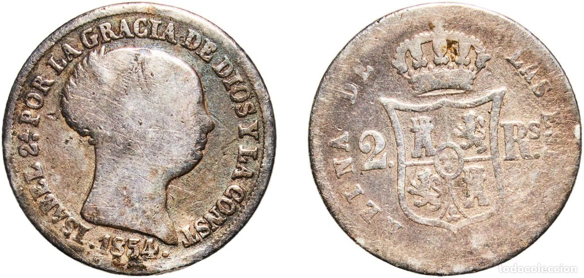 Monedas antiguas de Europa: Spain Kingdom 1854 2 Reales - Isabel II Silver (.900) 2.37g F KM 599