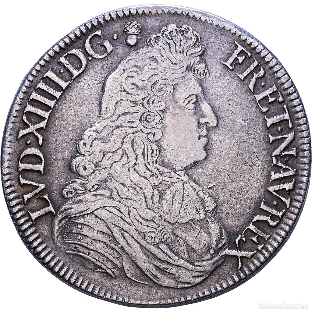 Monedas antiguas de Europa: [#1535210] Francia, Louis XIV, &Eacute;cu &agrave; la cravate, 1673, Rennes, Plata, BC+, Gadoury:209