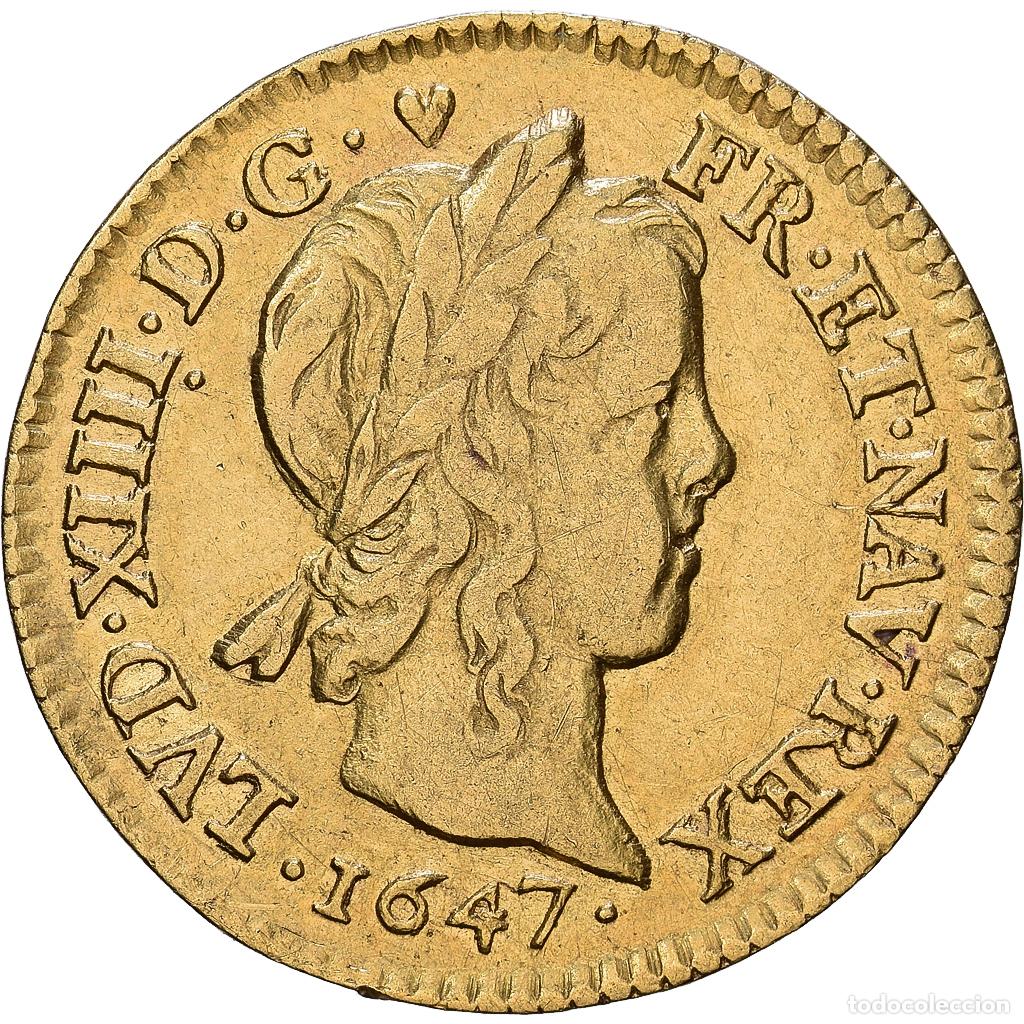 Monedas antiguas de Europa: [#1535231] Francia, Louis XIV, 1/2 louis d'or &agrave; la m&egrave;che longue, 1647, Paris, Oro, MBC