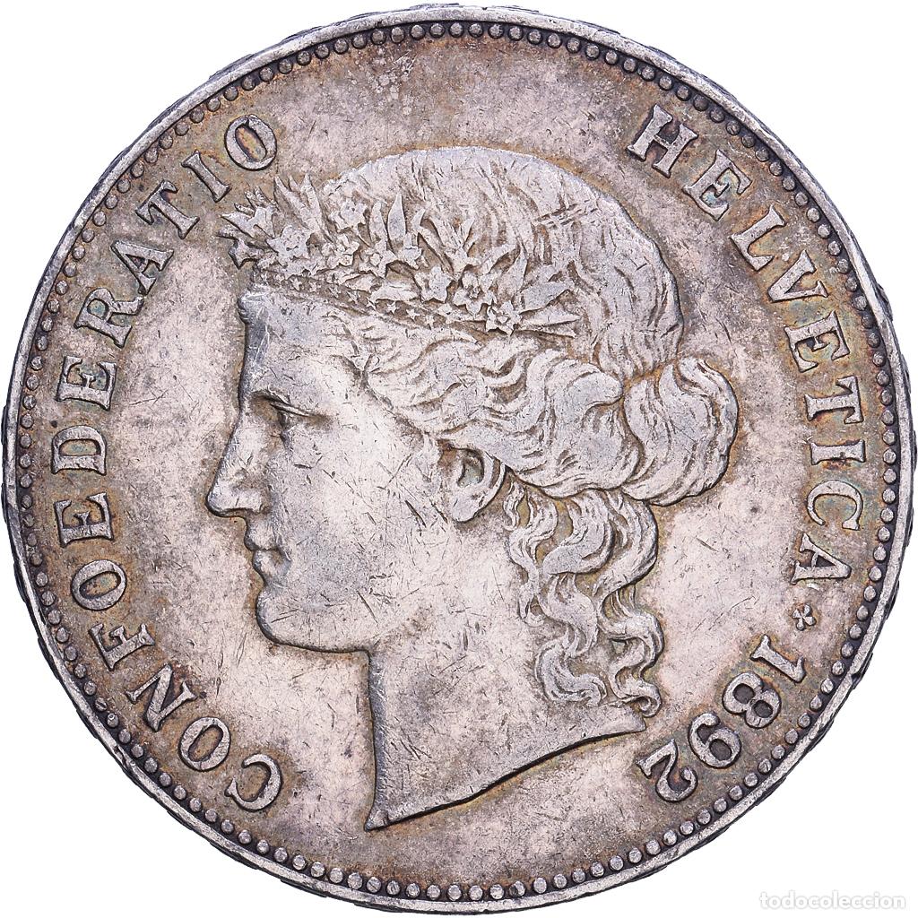 Monedas antiguas de Europa: [#1118238] Suiza, 5 Francs, 1892, Bern, Plata, BC+, KM:34