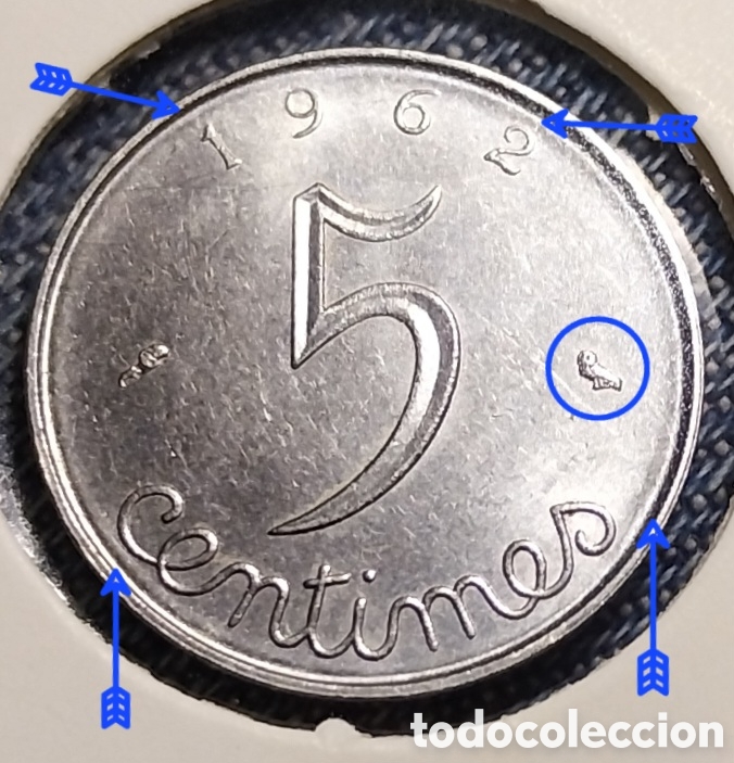 Monedas antiguas de Europa: ​5 C&eacute;ntimos 1962 Francia Error Doble Surco Canto MBC