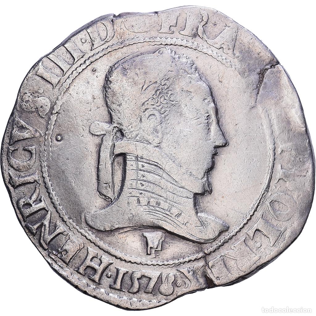 Monedas antiguas de Europa: [#1548058] Francia, Henri III, Franc au Col Plat, 1578, Angers, Plata, BC+, Gadoury:496