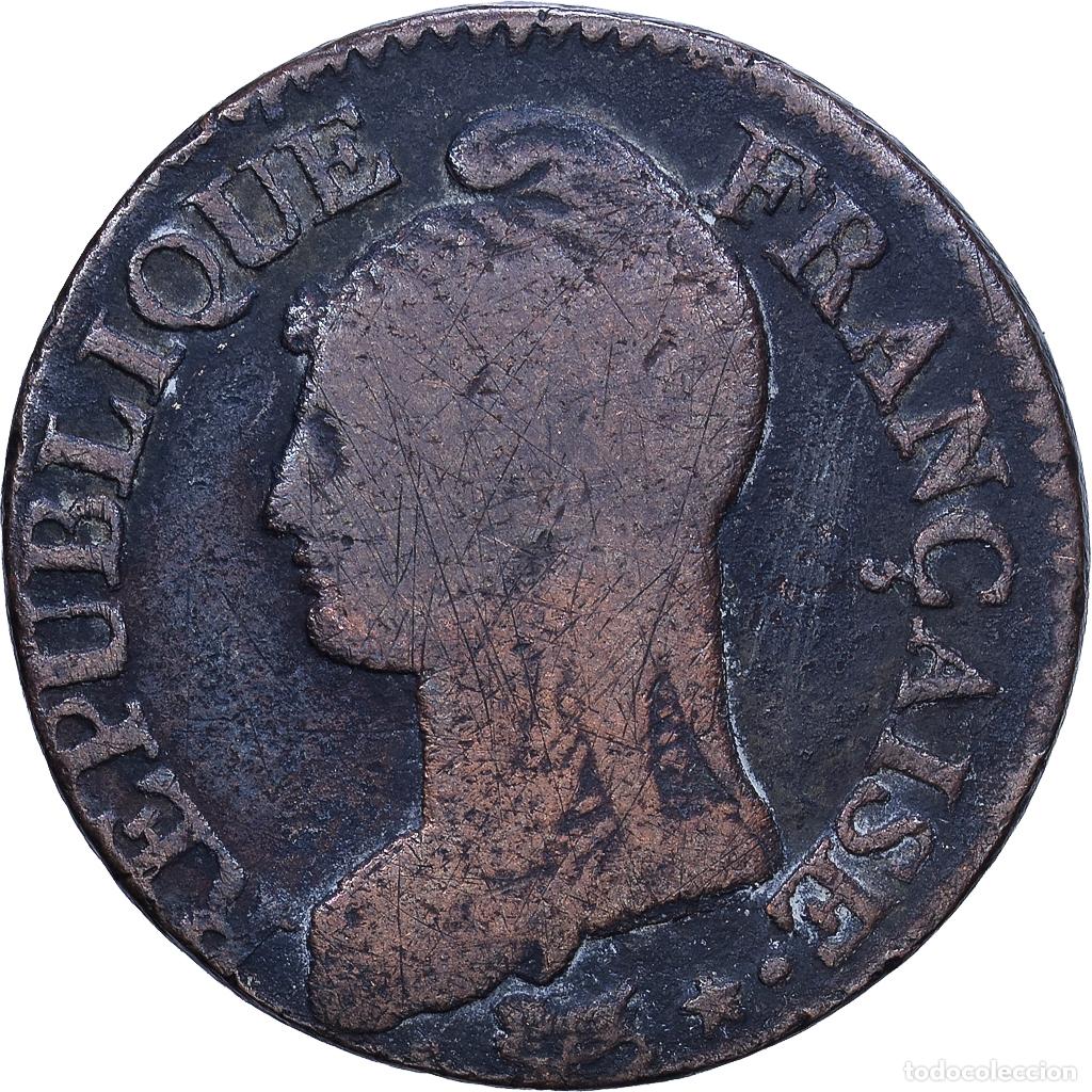 Monedas antiguas de Europa: [#1552618] Francia, 5 Centimes, Dupr&eacute;, AN 8 (1799-1800), Metz, Directoire, Bronce, BC+