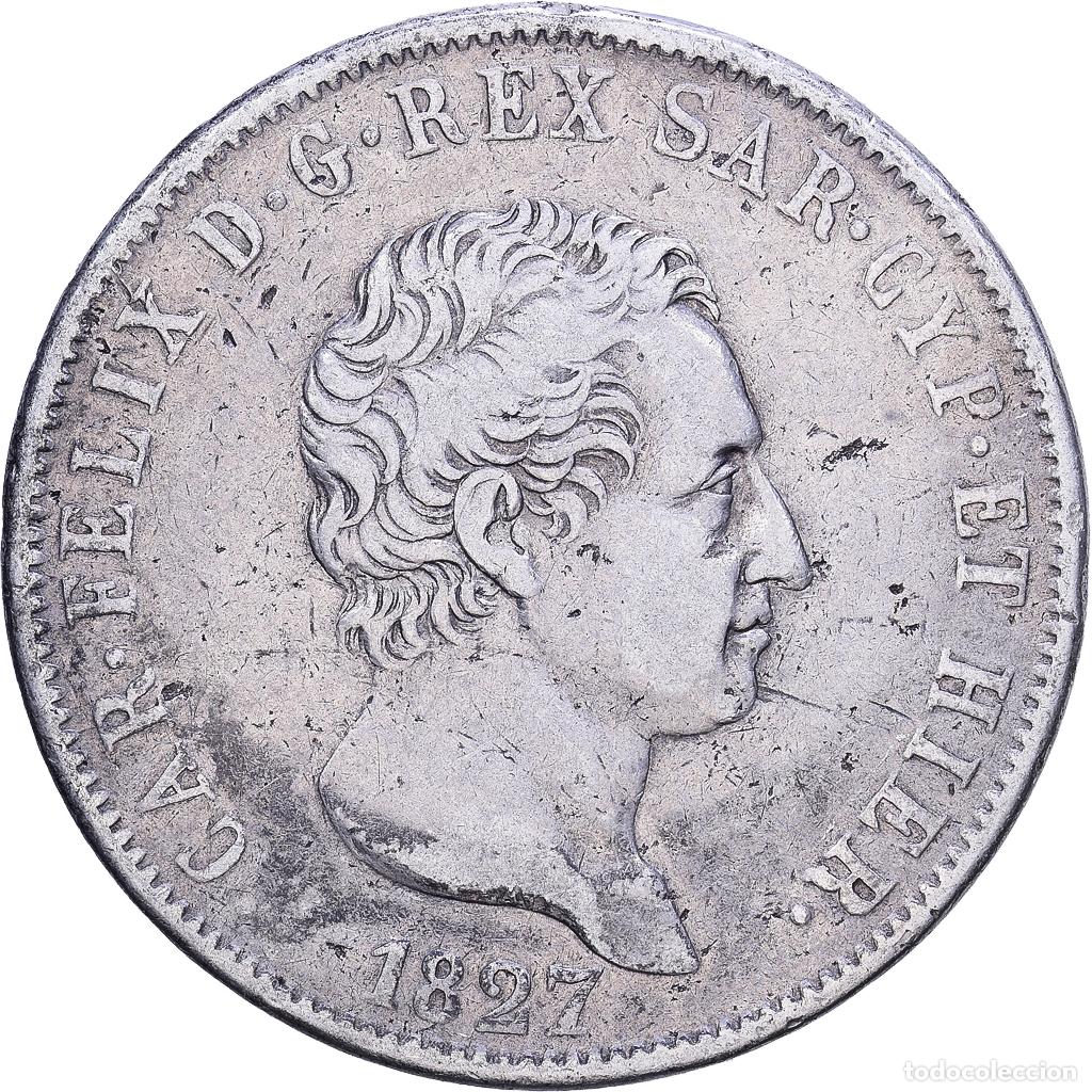 Monedas antiguas de Europa: [#1531317] Estados italianos, SARDINIA, Carlo Felice, 5 Lire, 1827, Genoa, Plata, BC+