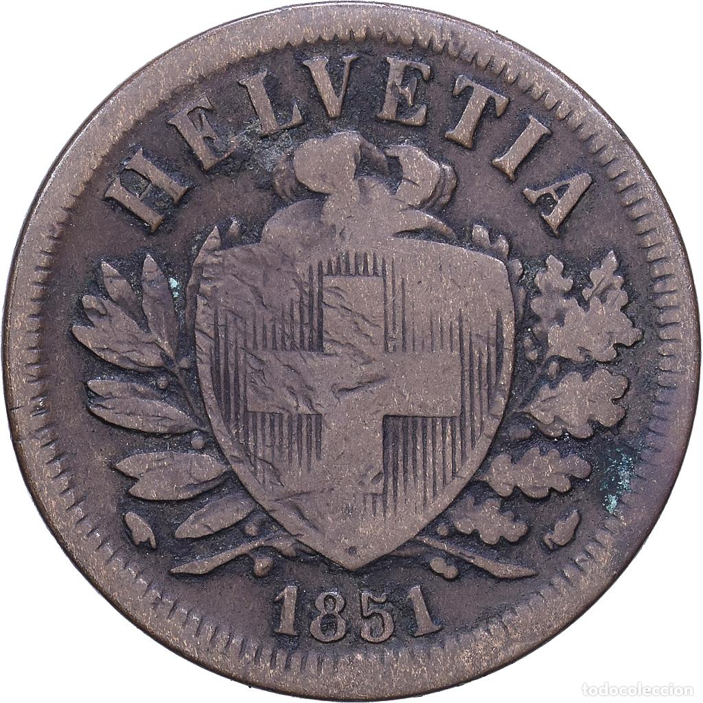 Monedas antiguas de Europa: [#1530824] Suiza, 2 Rappen, 1851, Paris, Bronce, BC+, KM:4