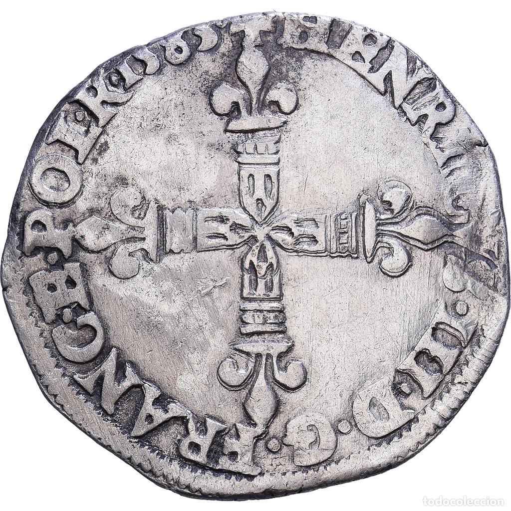 Monnaies anciennes de Europe: [#1548059] Francia, 1/4 Ecu croix de face, 1583, Bayonne, Plata, BC+, Gadoury:494