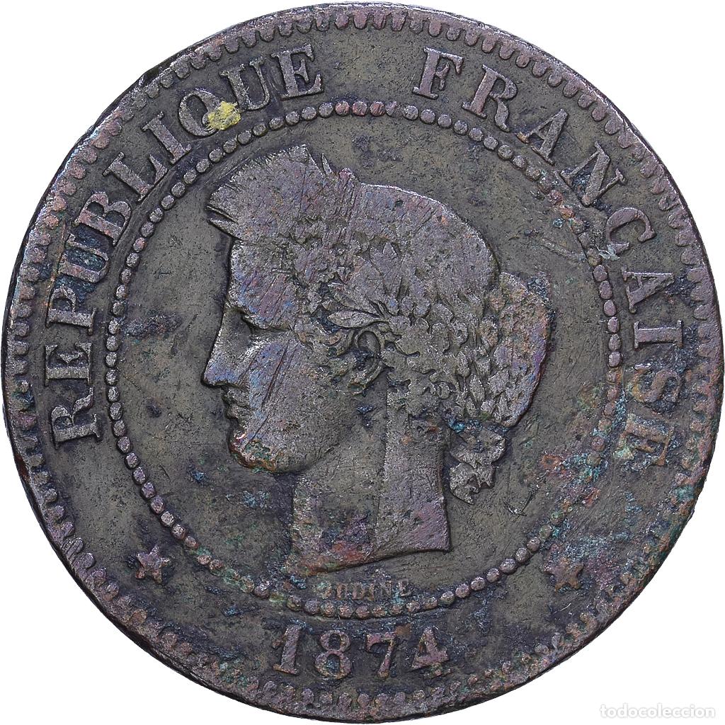 Monedas antiguas de Europa: [#1530663] Francia, 5 Centimes, C&eacute;r&egrave;s, 1874, Paris, Bronce, BC+, Gadoury:157a, KM:821.1