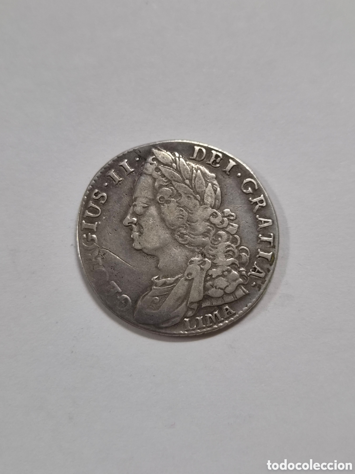 Monedas antiguas de Europa: Shilling de 1745 LIMA de George II*. No es un shilling cualquiera. De plata robada a los espa&ntilde;oles