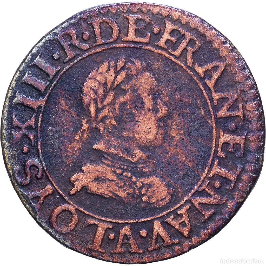 Monedas antiguas de Europa: [#1548038] Francia, Louis XIII, Double Tournois, 1616, Paris, Cobre, BC+, Gadoury:7