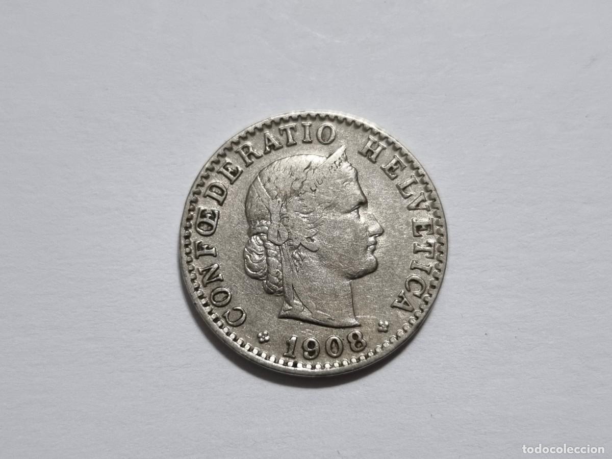 Monedas antiguas de Europa: Antigua Moneda Suiza 20 Rappen 1908 Confederacion Helvetica Coleccionista