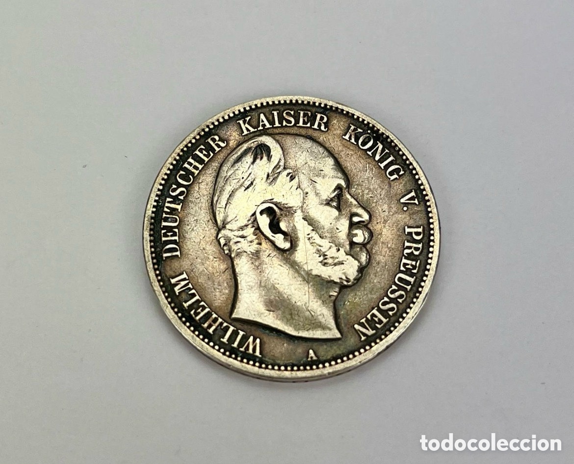 Monedas antiguas de Europa: 5 marcos de 1876, Prusia, de plata .
