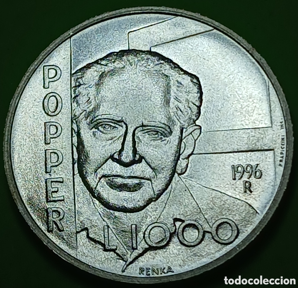 Monedas antiguas de Europa: San Marino 1000 liras 1996 km#358 K.R.Popper / poco com&uacute;n! Plata.